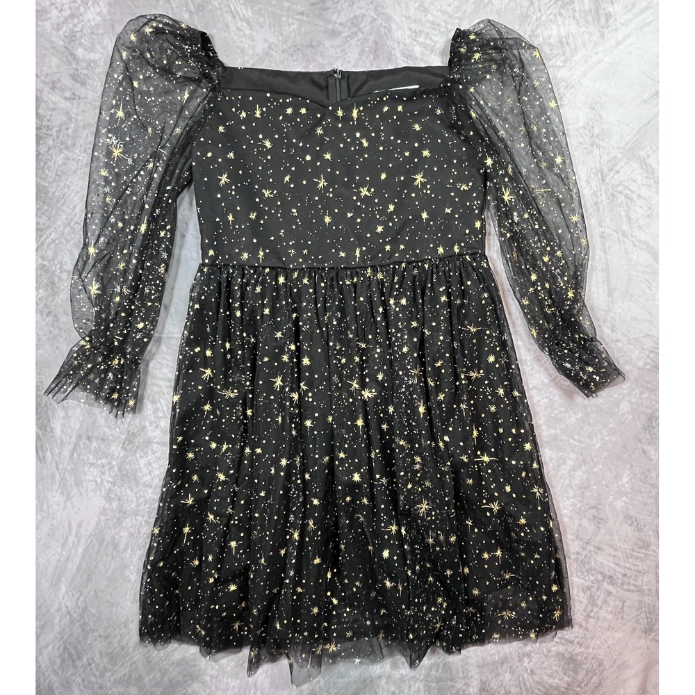 Mebius Gold Star Mesh Overlay Dress Girls 12Y Black Sweetheart Neck Birthday
